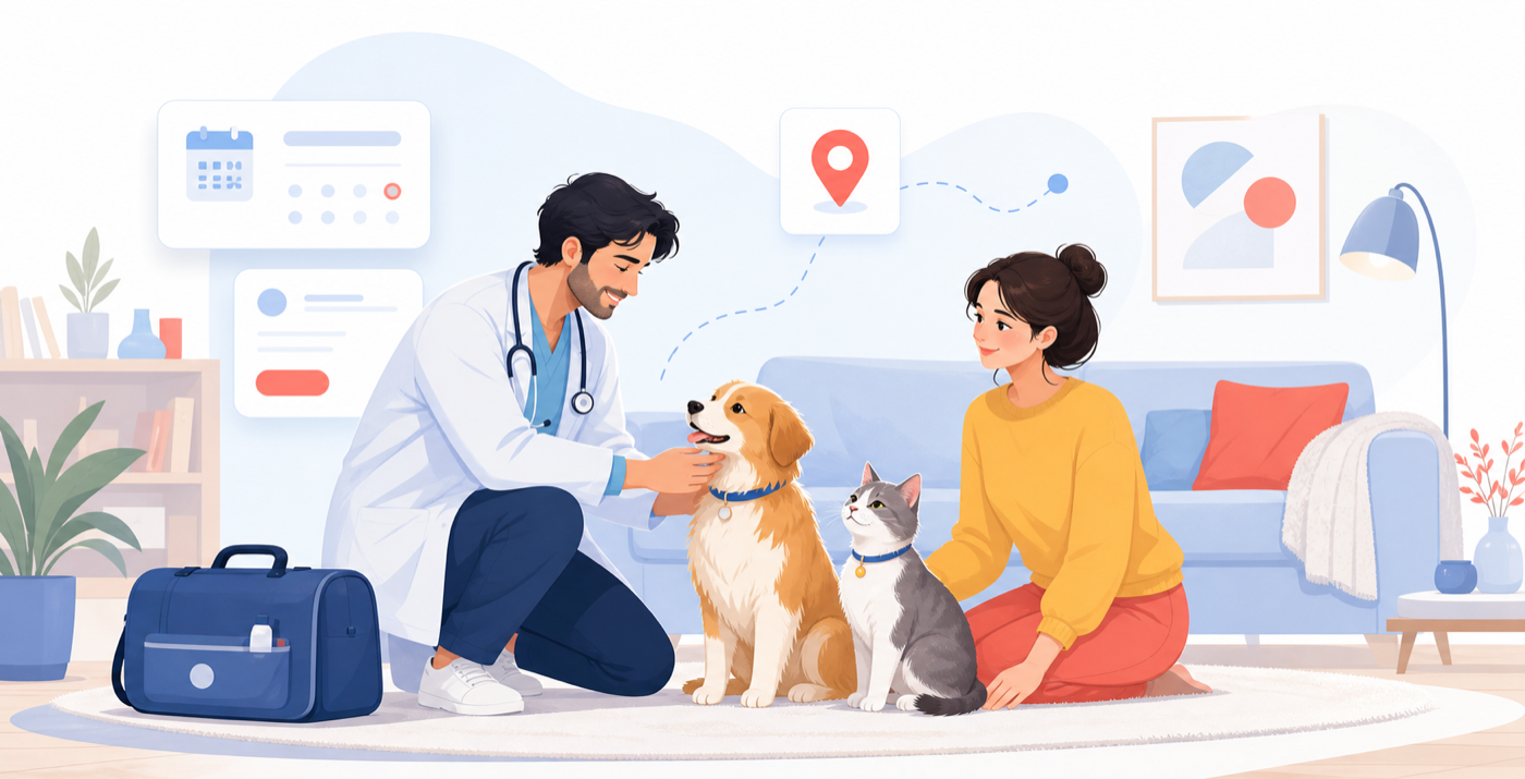 Illustrazione di visita veterinaria a domicilio